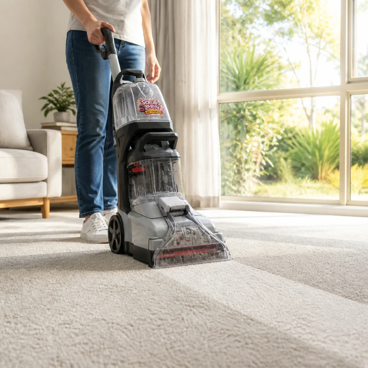 A customer using the Scrub Ya Rug carpet cleaner on a light carpet